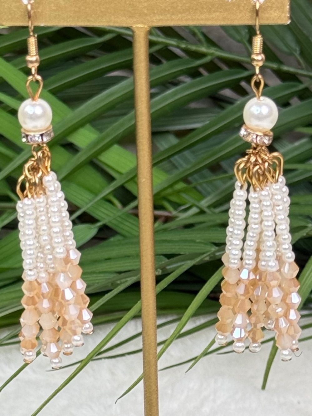 Faux Pearl Tassel Earrings Gold Cream Beaded Fringe Statement Earrings